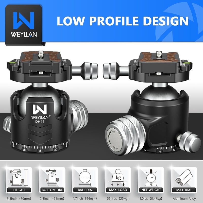 WEYLLAN Tripod Head 44mm Low Profile Ball Head, DH44 360 Degree Metal Panoramic Camera Ball Head Mount with Two Quick Release Plates, Arca Ballhead for Tripod Monopod DSLR Camera Max Load 55lbs/25kg - Image 3